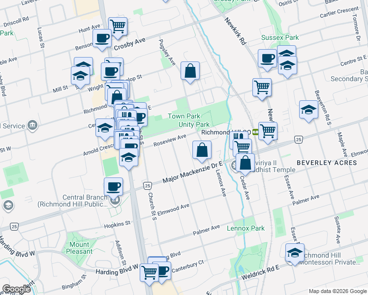 map of restaurants, bars, coffee shops, grocery stores, and more near 88 Lawrence Avenue in Richmond Hill
