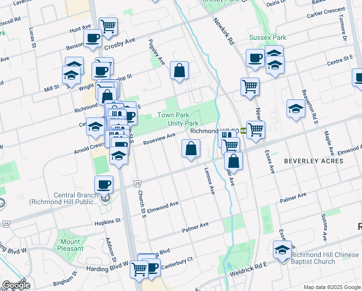 map of restaurants, bars, coffee shops, grocery stores, and more near 91 Lawrence Avenue in Richmond Hill