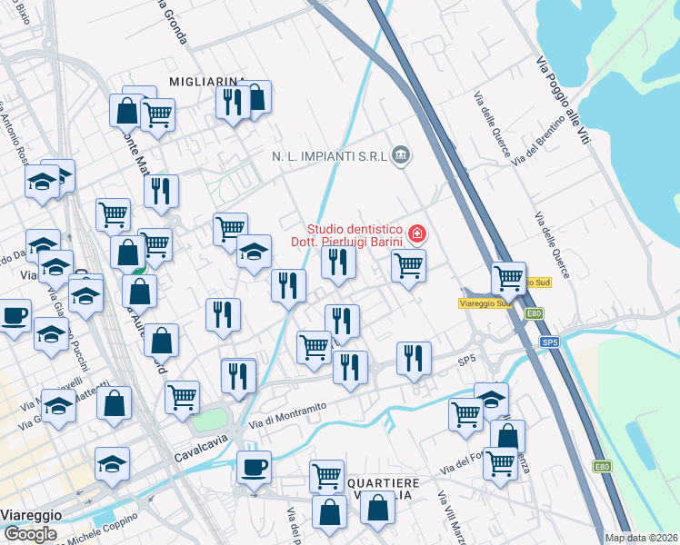 map of restaurants, bars, coffee shops, grocery stores, and more near 2 Via dei Platani in Viareggio