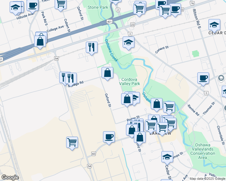 map of restaurants, bars, coffee shops, grocery stores, and more near 885 Oxford Street in Oshawa