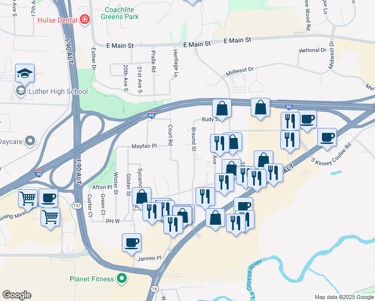 map of restaurants, bars, coffee shops, grocery stores, and more near 562 Braund Street in Onalaska
