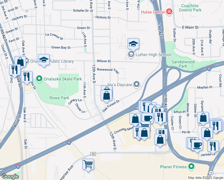 map of restaurants, bars, coffee shops, grocery stores, and more near 925 13th Avenue South in Onalaska