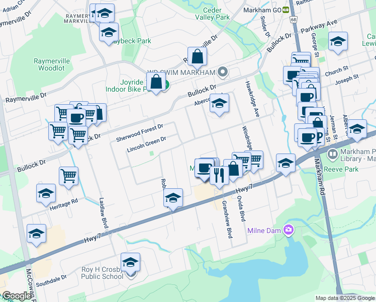 map of restaurants, bars, coffee shops, grocery stores, and more near 33 Alanadale Avenue in Markham