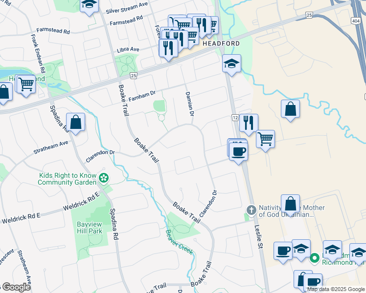 map of restaurants, bars, coffee shops, grocery stores, and more near 29 Mayfair Court in Richmond Hill