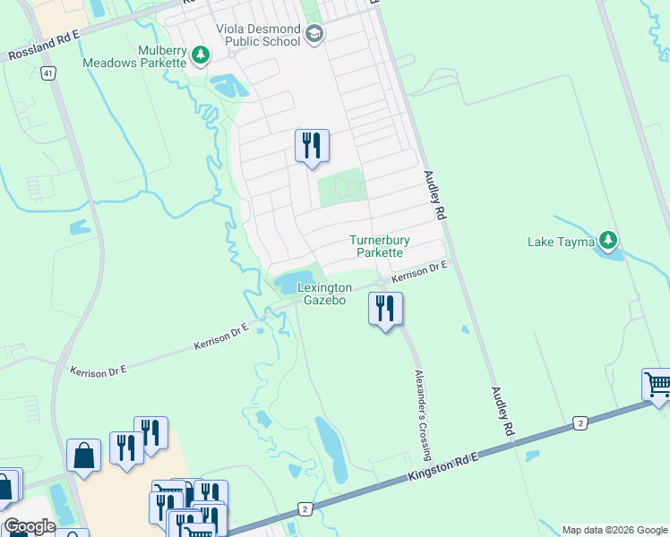map of restaurants, bars, coffee shops, grocery stores, and more near Ainsbury Avenue in Ajax