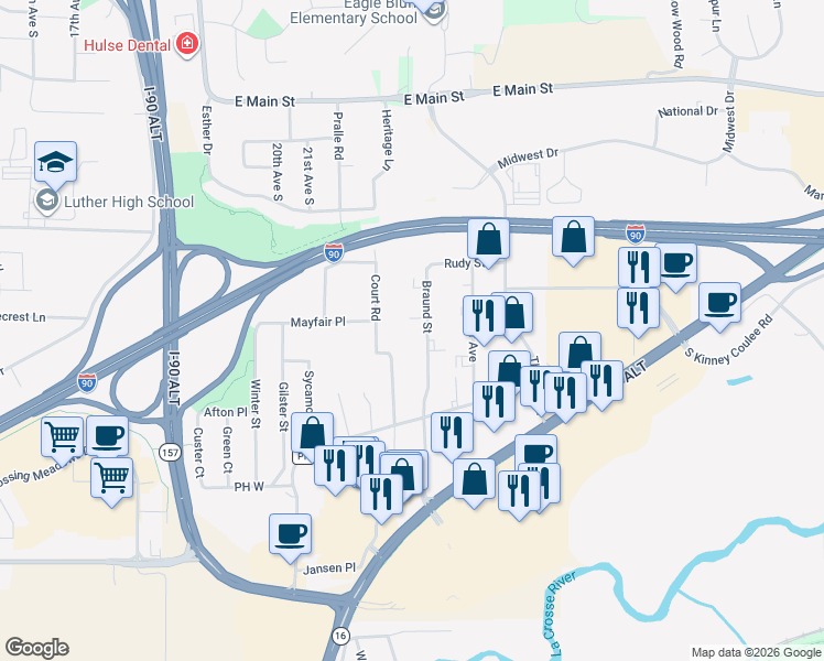 map of restaurants, bars, coffee shops, grocery stores, and more near 562 Braund Street in Onalaska