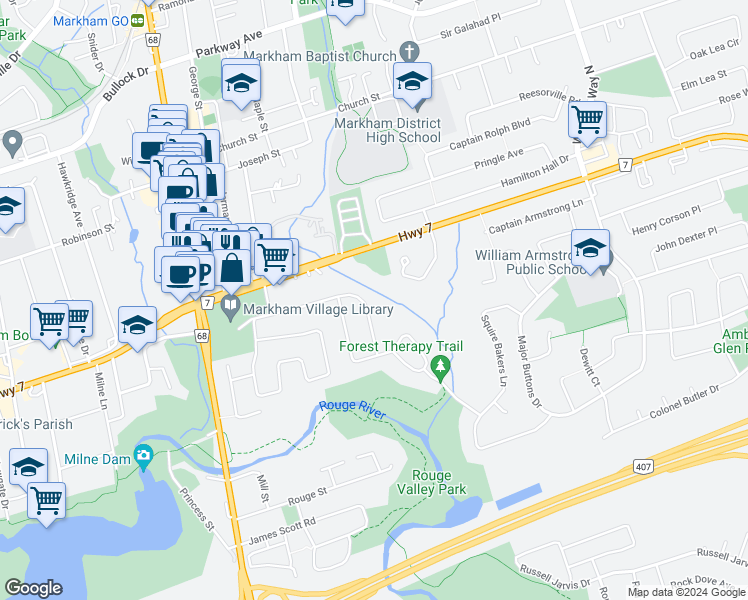 map of restaurants, bars, coffee shops, grocery stores, and more near 30 Rougecrest Drive in Markham