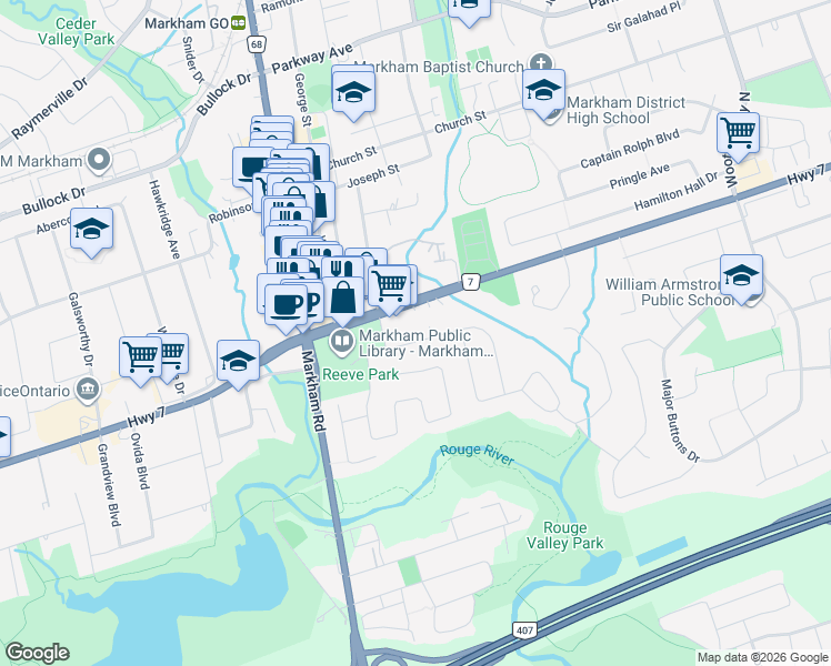 map of restaurants, bars, coffee shops, grocery stores, and more near in Markham