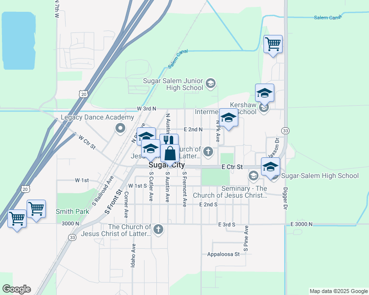 map of restaurants, bars, coffee shops, grocery stores, and more near East 1st North Street in Sugar City