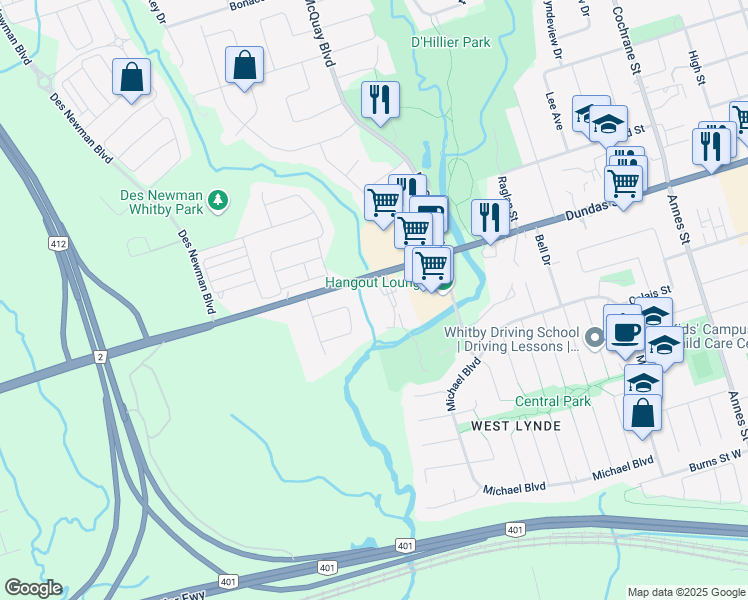 map of restaurants, bars, coffee shops, grocery stores, and more near 100 White Oaks Court in Whitby