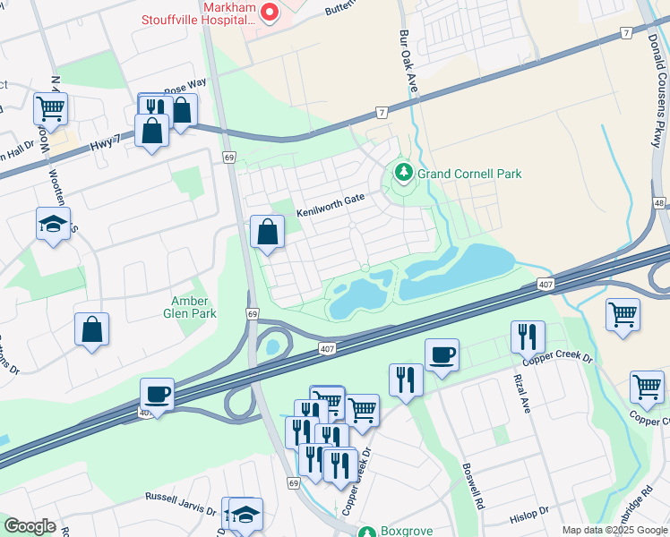 map of restaurants, bars, coffee shops, grocery stores, and more near 11 Bellcroft Lane in Markham
