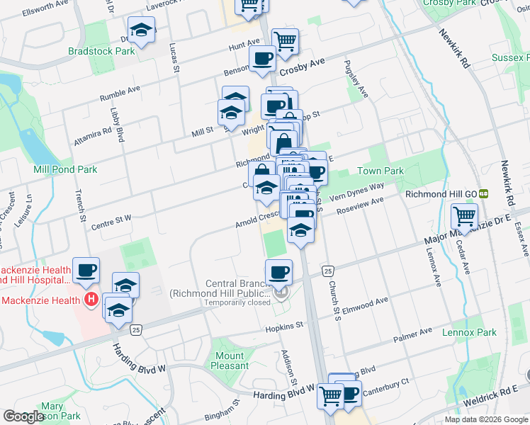 map of restaurants, bars, coffee shops, grocery stores, and more near 37 Arnold Crescent in Richmond Hill