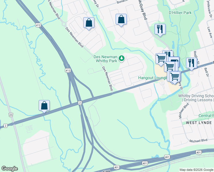 map of restaurants, bars, coffee shops, grocery stores, and more near 1230 Dundas Street West in Whitby