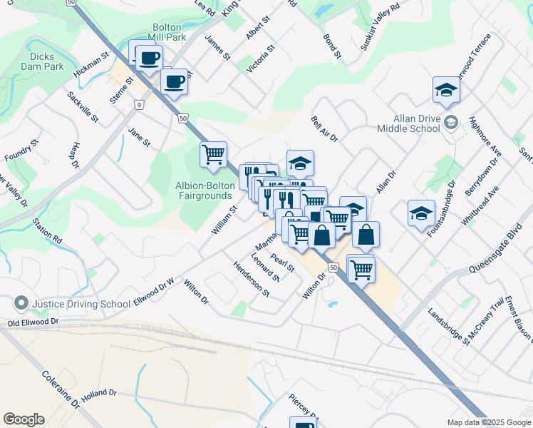 map of restaurants, bars, coffee shops, grocery stores, and more near in Bolton