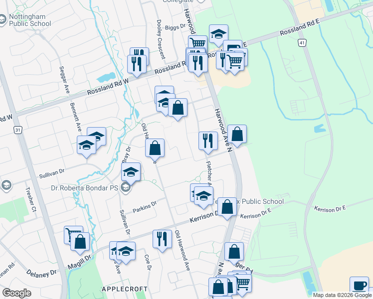 map of restaurants, bars, coffee shops, grocery stores, and more near 84 Hibbard Drive in Ajax