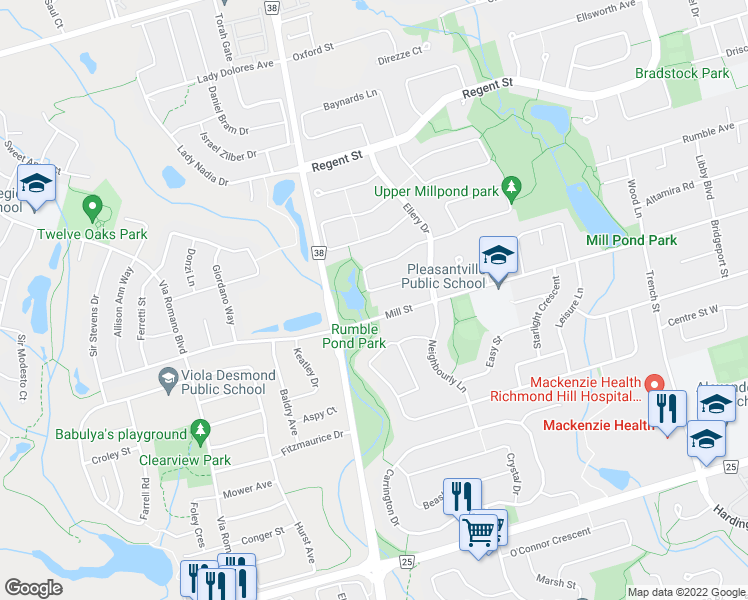 map of restaurants, bars, coffee shops, grocery stores, and more near 25 Highgrove Crescent in Richmond Hill