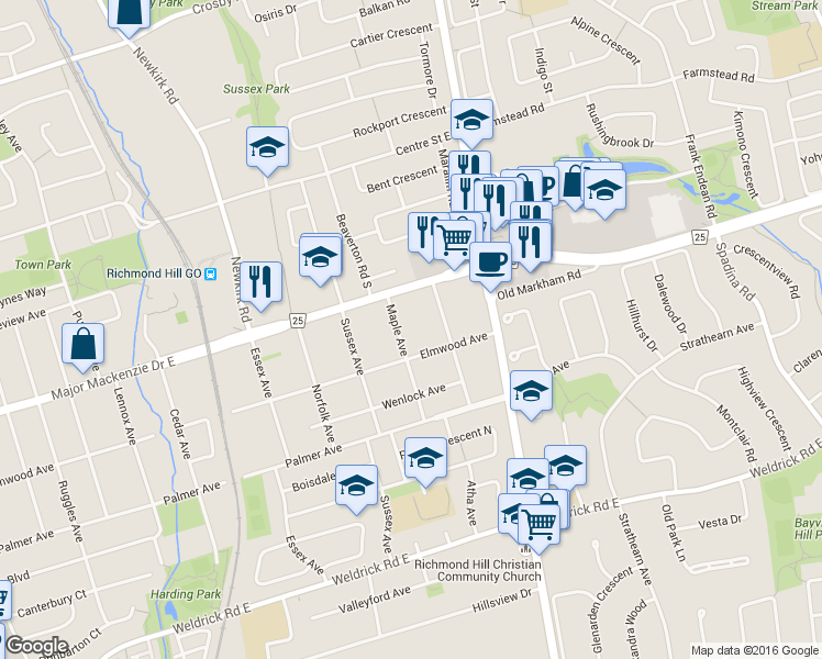 map of restaurants, bars, coffee shops, grocery stores, and more near 173 Maple Avenue in Richmond Hill