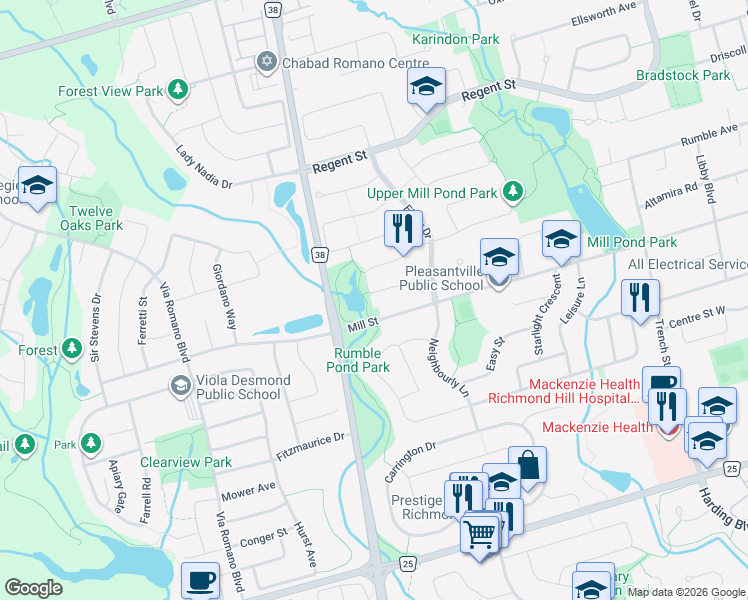 map of restaurants, bars, coffee shops, grocery stores, and more near 25 Highgrove Crescent in Richmond Hill
