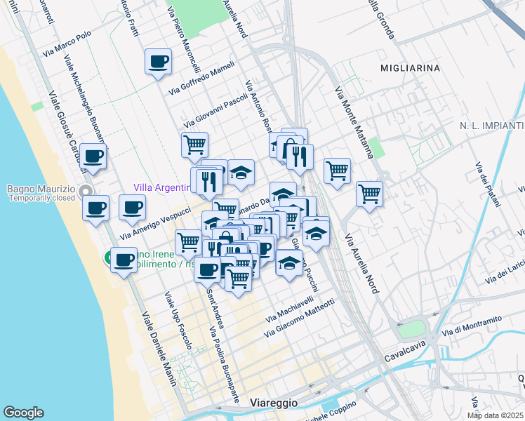 map of restaurants, bars, coffee shops, grocery stores, and more near 165 Via XX Settembre in Viareggio