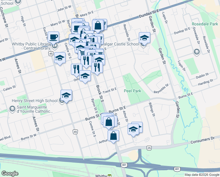 map of restaurants, bars, coffee shops, grocery stores, and more near 200 Trent Street East in Whitby