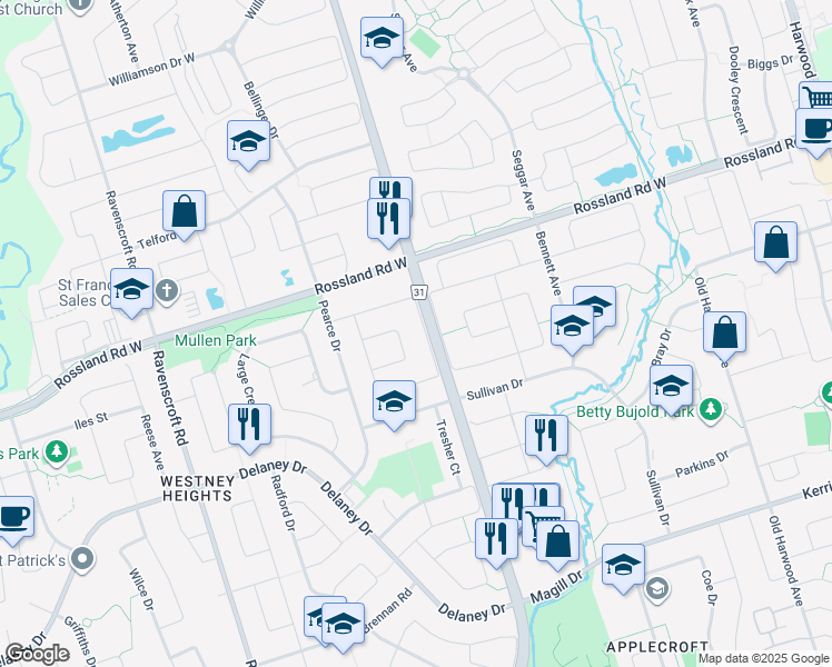 map of restaurants, bars, coffee shops, grocery stores, and more near 54 Marshall Crescent in Ajax