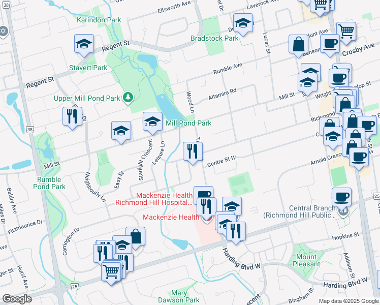 map of restaurants, bars, coffee shops, grocery stores, and more near 277 Kerrybrook Drive in Richmond Hill