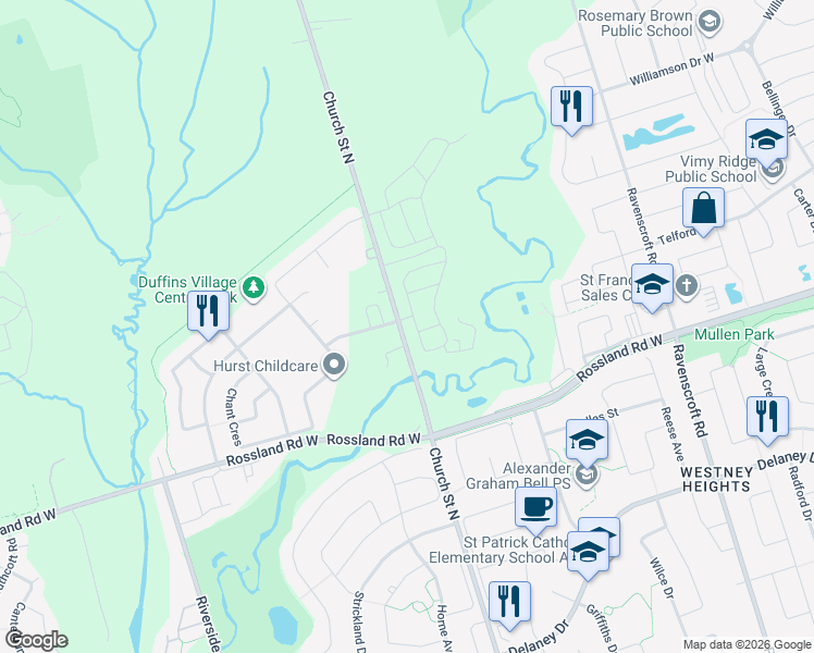 map of restaurants, bars, coffee shops, grocery stores, and more near 1141 Church Street North in Ajax