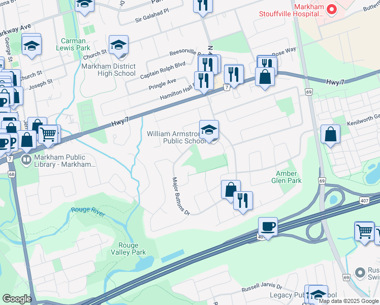 map of restaurants, bars, coffee shops, grocery stores, and more near 29 Major Buttons Drive in Markham