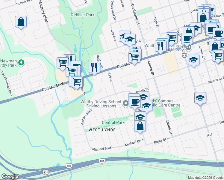 map of restaurants, bars, coffee shops, grocery stores, and more near 134 Bell Drive in Whitby
