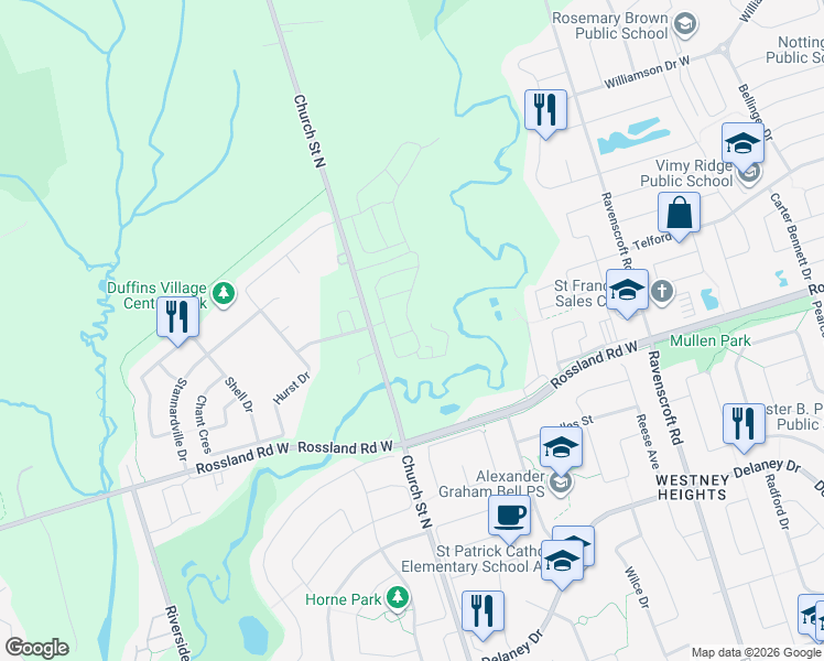map of restaurants, bars, coffee shops, grocery stores, and more near Larkinley Lane in Ajax