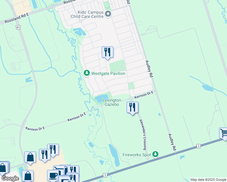 map of restaurants, bars, coffee shops, grocery stores, and more near 12 Slader Heights Street in Ajax