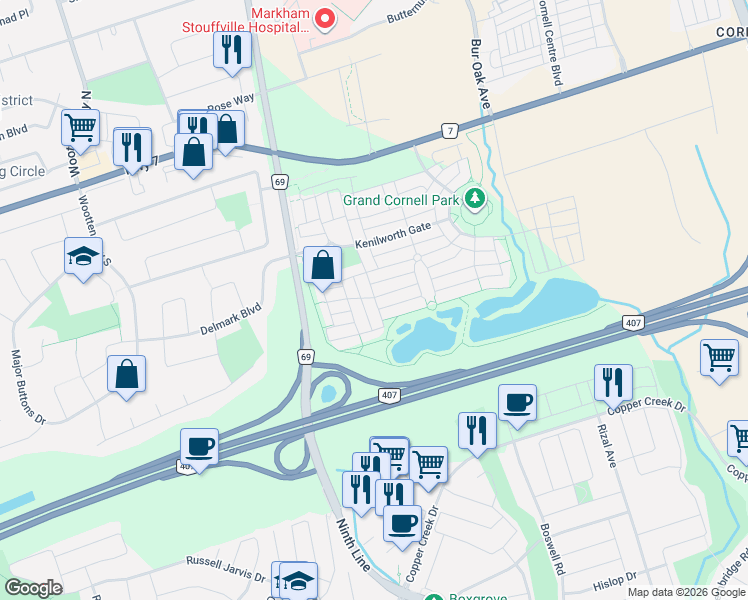 map of restaurants, bars, coffee shops, grocery stores, and more near 40 Outer Banks Drive in Markham