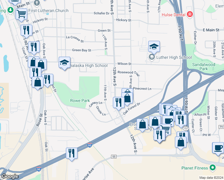 map of restaurants, bars, coffee shops, grocery stores, and more near 821 12th Avenue South in Onalaska