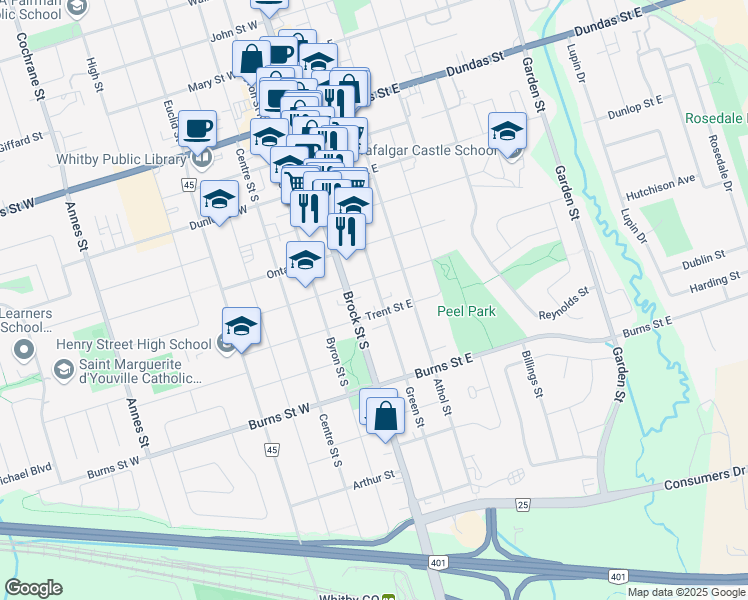 map of restaurants, bars, coffee shops, grocery stores, and more near 608 Green Street in Whitby