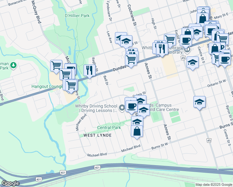 map of restaurants, bars, coffee shops, grocery stores, and more near 24 Michael Boulevard in Whitby
