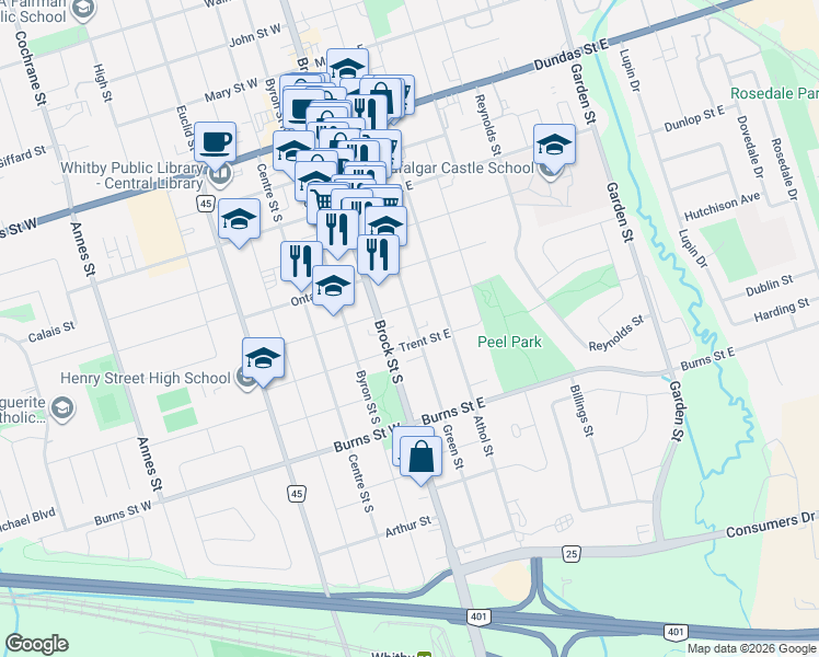 map of restaurants, bars, coffee shops, grocery stores, and more near 606 Green Street in Whitby