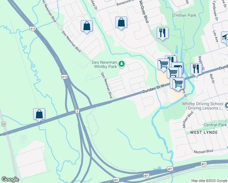 map of restaurants, bars, coffee shops, grocery stores, and more near 53 Bluegill Crescent in Whitby