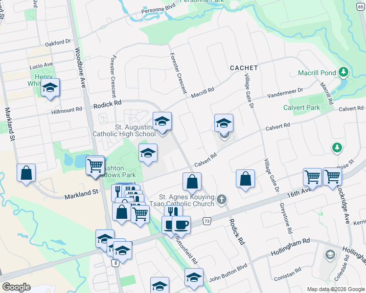 map of restaurants, bars, coffee shops, grocery stores, and more near 80 Eyer Drive in Markham