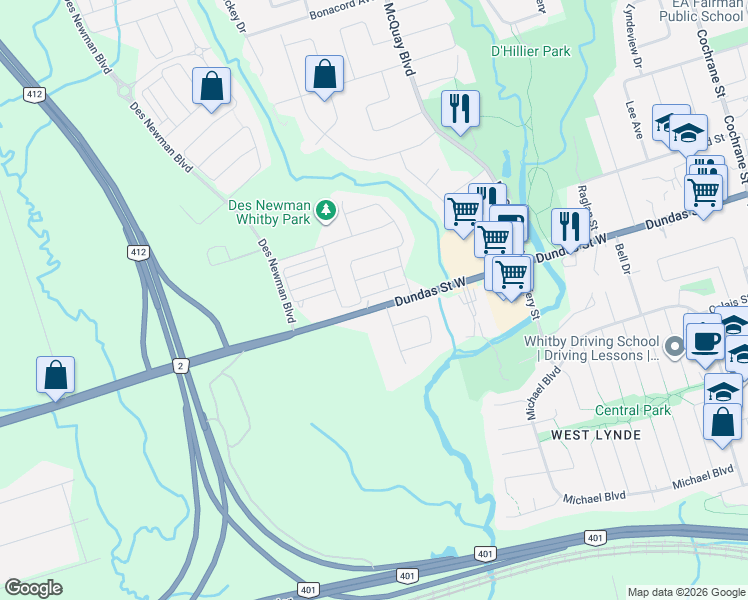 map of restaurants, bars, coffee shops, grocery stores, and more near 23 Kingfisher Way in Whitby