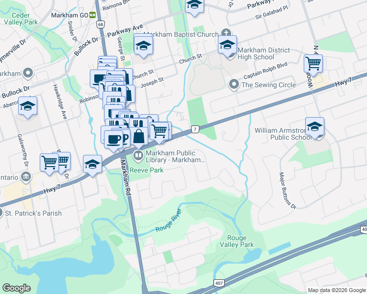 map of restaurants, bars, coffee shops, grocery stores, and more near 14 Rougecrest Drive in Markham