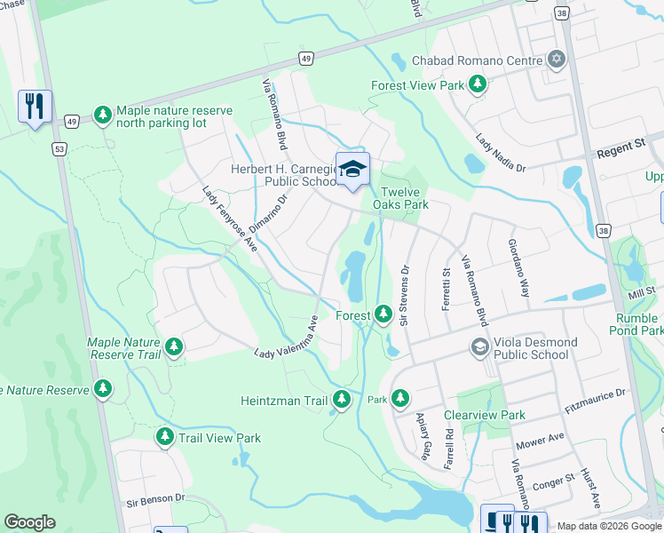 map of restaurants, bars, coffee shops, grocery stores, and more near 77 Lady Valentina Avenue in Vaughan