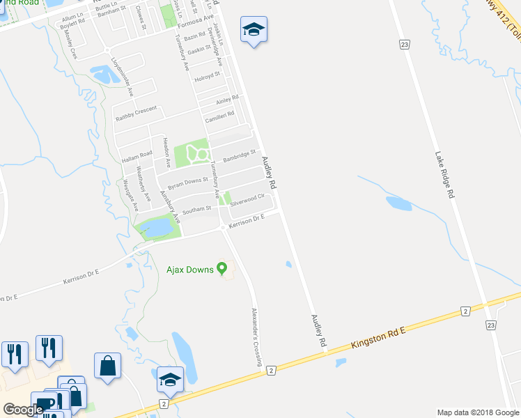map of restaurants, bars, coffee shops, grocery stores, and more near 45 Silverwood Circle in Ajax