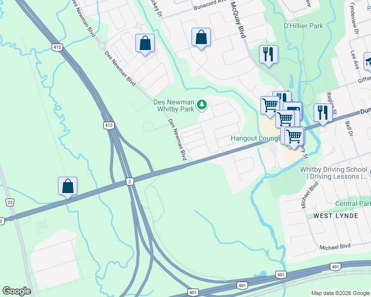 map of restaurants, bars, coffee shops, grocery stores, and more near 73 Bluegill Crescent in Whitby