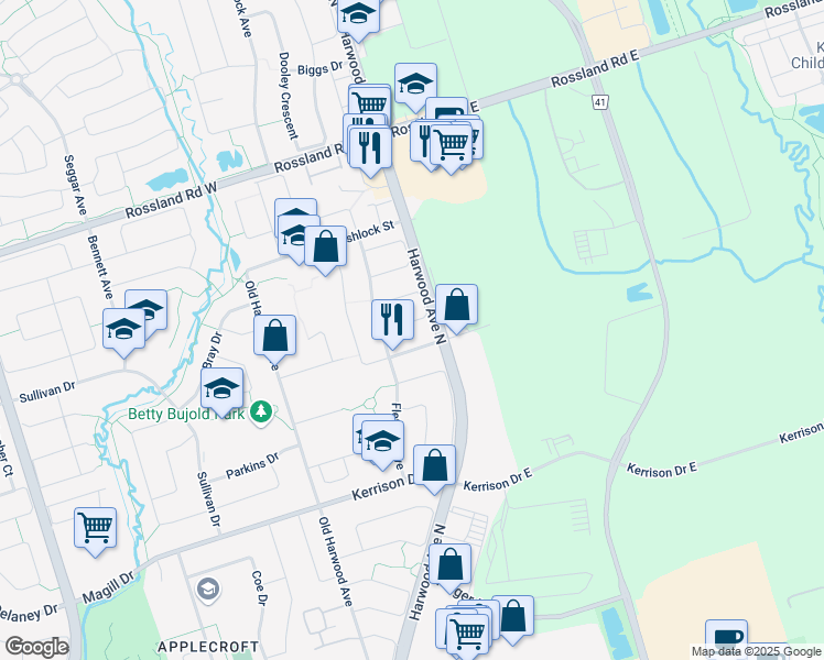 map of restaurants, bars, coffee shops, grocery stores, and more near 21 Perfitt Crescent in Ajax