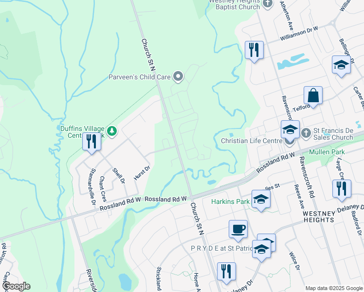 map of restaurants, bars, coffee shops, grocery stores, and more near 86 Workmen's Circle in Ajax