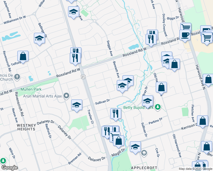 map of restaurants, bars, coffee shops, grocery stores, and more near Keys Drive in Ajax