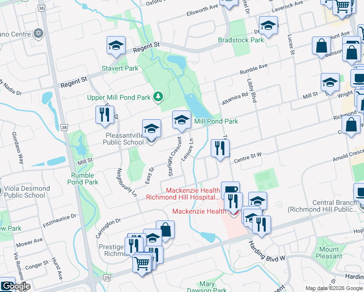 map of restaurants, bars, coffee shops, grocery stores, and more near 73 Starlight Crescent in Richmond Hill