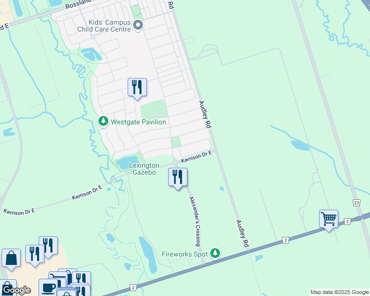map of restaurants, bars, coffee shops, grocery stores, and more near 117 Silverwood Circle in Ajax