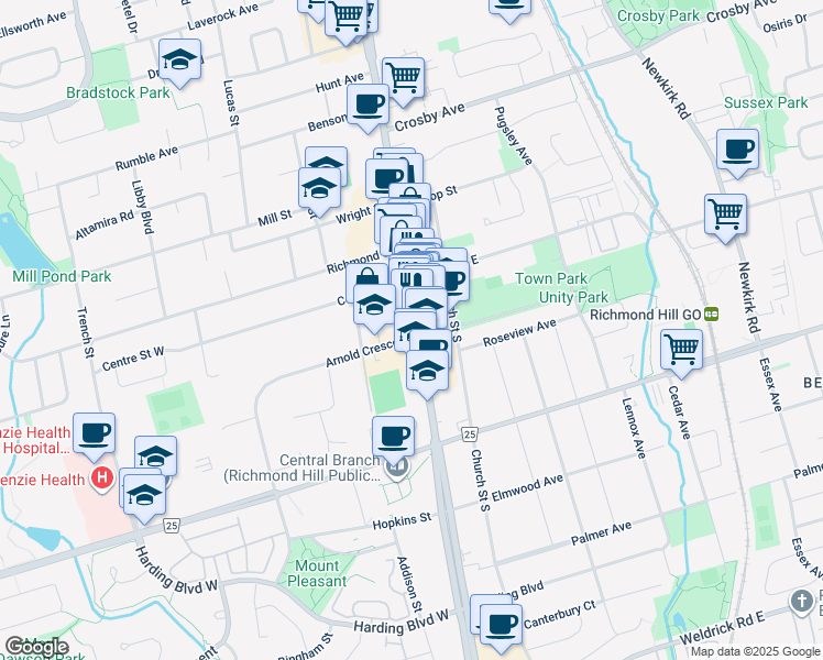 map of restaurants, bars, coffee shops, grocery stores, and more near 10160 Yonge Street in Richmond Hill