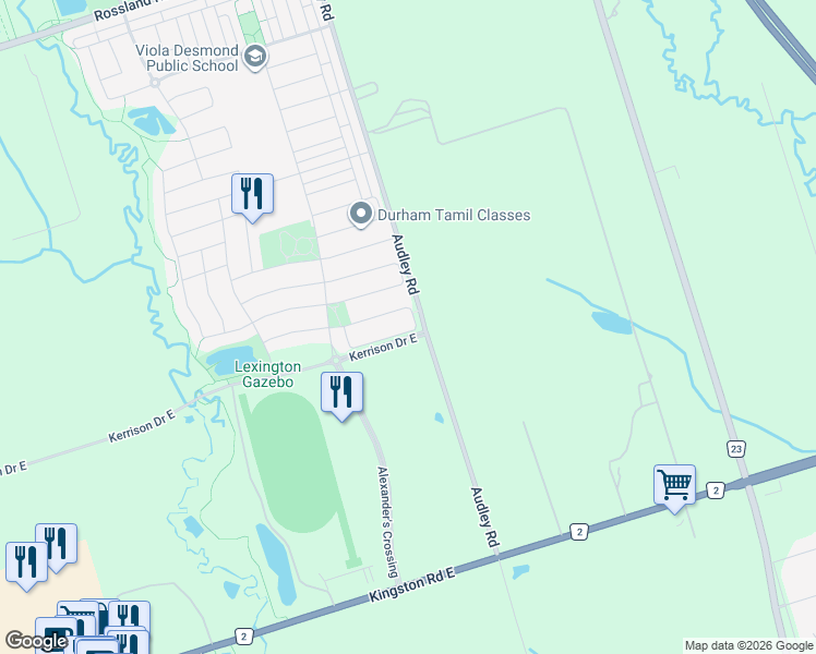 map of restaurants, bars, coffee shops, grocery stores, and more near 57 Silverwood Circle in Ajax